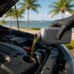 Adding engine oil to car with beach and palm trees in background