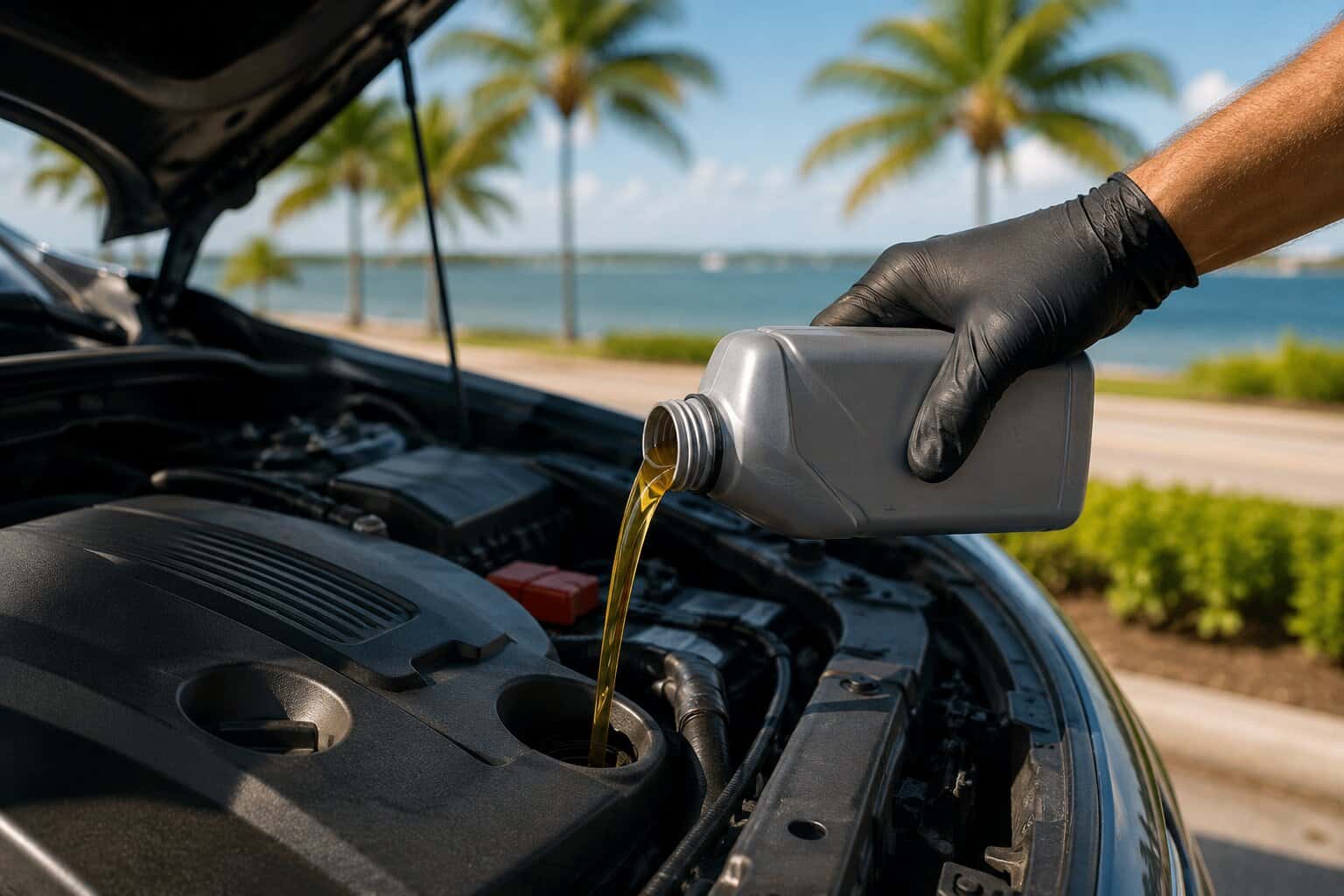 Adding engine oil to car with beach and palm trees in background
