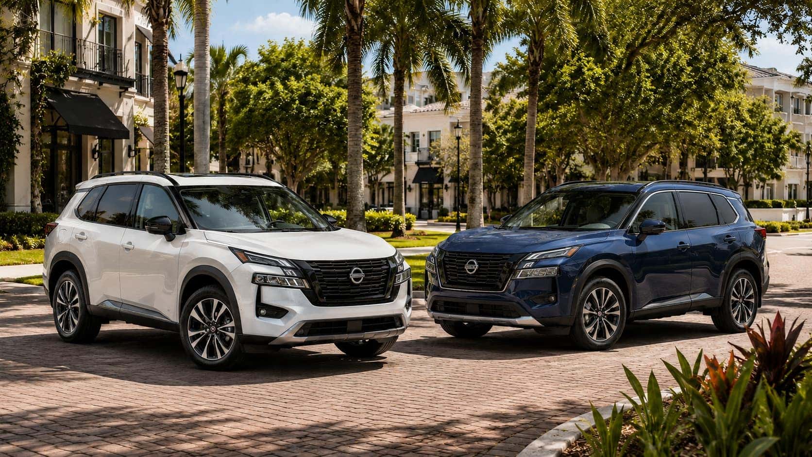 2026.5 Nissan Rogue S and SV parked with houses and palm trees in background