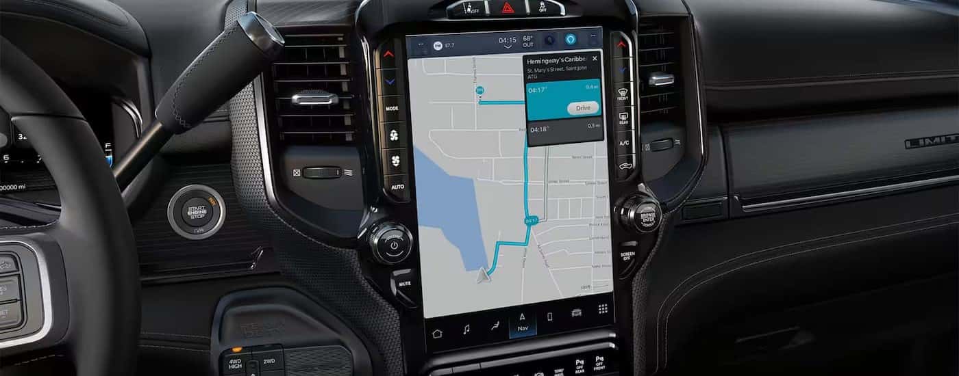 Close-up of an infotainment screen in a 2025 Ram 3500 Limited.