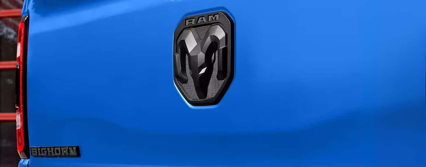 Badging on a blue Ram 1500 Big Horn Built to Serve Edition