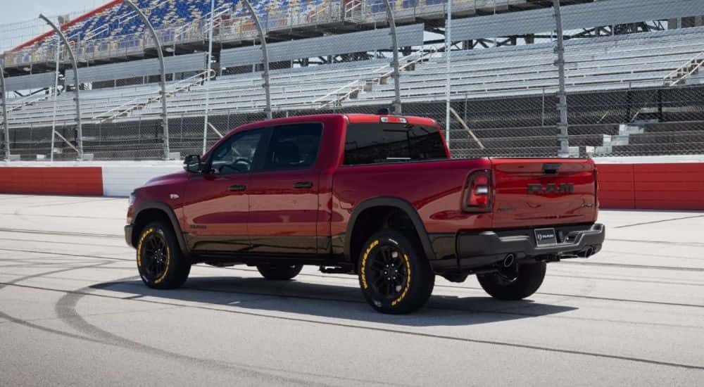 Red 2026 RAM 1500 Rebel edition parked on a racetrack