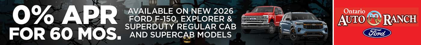 0% APR x 60 Mos. Available on New 2026 Ford F-150, Explorer & SuperDuty Regular Cab and SuperCab Models