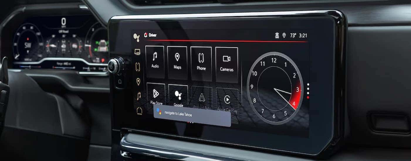 Close-up of an infotainment screen in a 2025 GMC Sierra for sale near Greensboro.