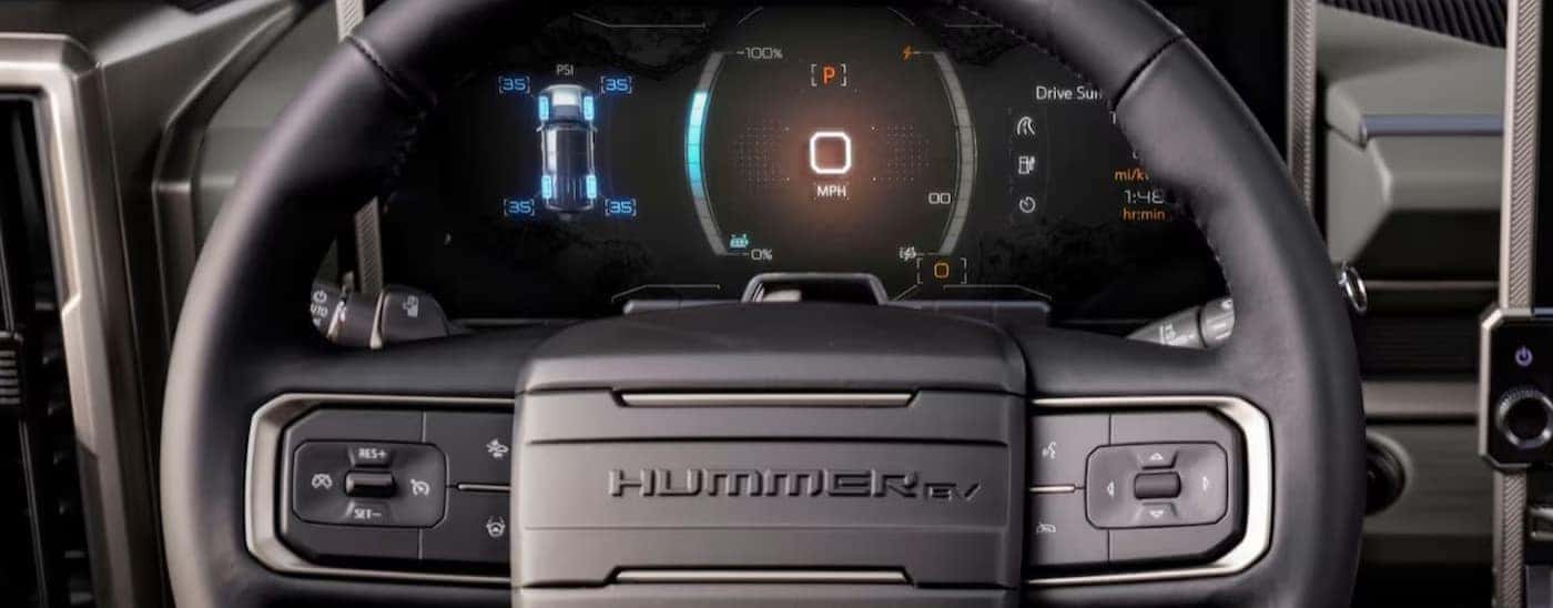 Close-up of the steering wheel in a 2025 GMC Hummer EV for sale near Greensboro.