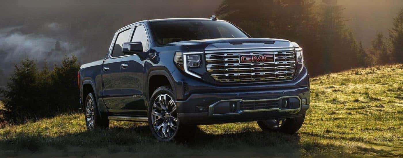 A blue 2025 GMC Sierra 1500 Denali parked on a sunny hill.