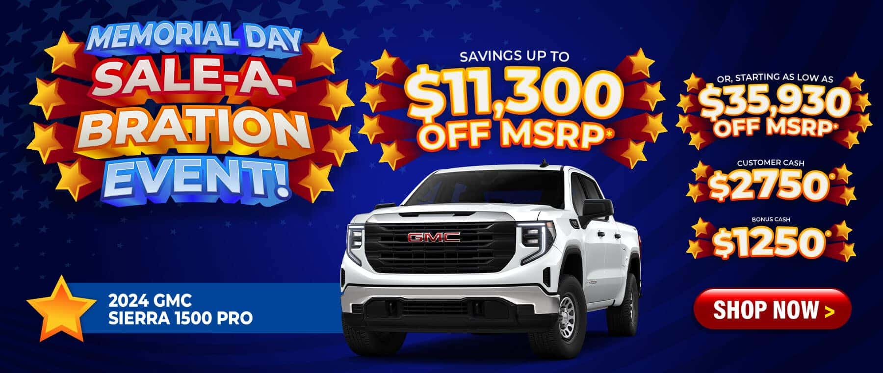 2024 GMC Sierra 1500 PRO - savings up to $11,300 Off MSRP; or starting as low as $35,930; $2750 Customer Cash; $1250 Bonus Cash