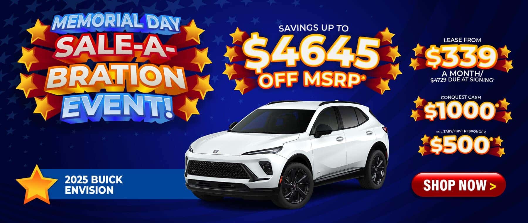 2025 Buick Envision - savings up to $4645 Off MSRP; lease from $339 a month with $4729 due at signing; $1000 Conquest; $500 Military / First Responder