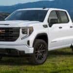 A white 2024 GMC Sierra 1500 Pro parked off-road on a grassy field and angled left.