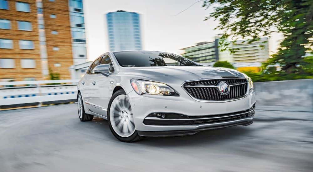 A silver 2018 Buick LaCrosse from the front after leaving a used Buick dealer.
