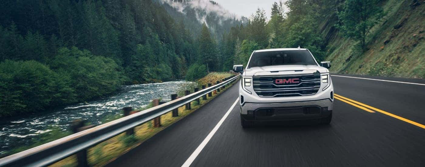 A white 2025 GMC Sierra 1500 for sale near me from the front.