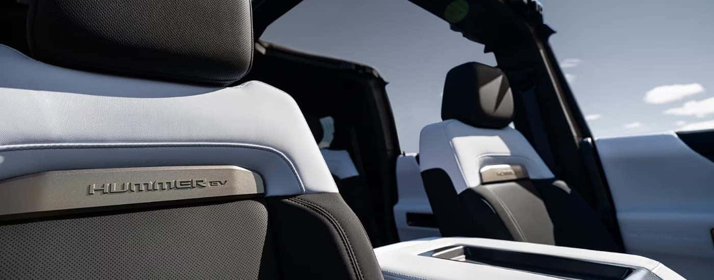Black and white leather seats in a 2025 GMC Hummer EV.