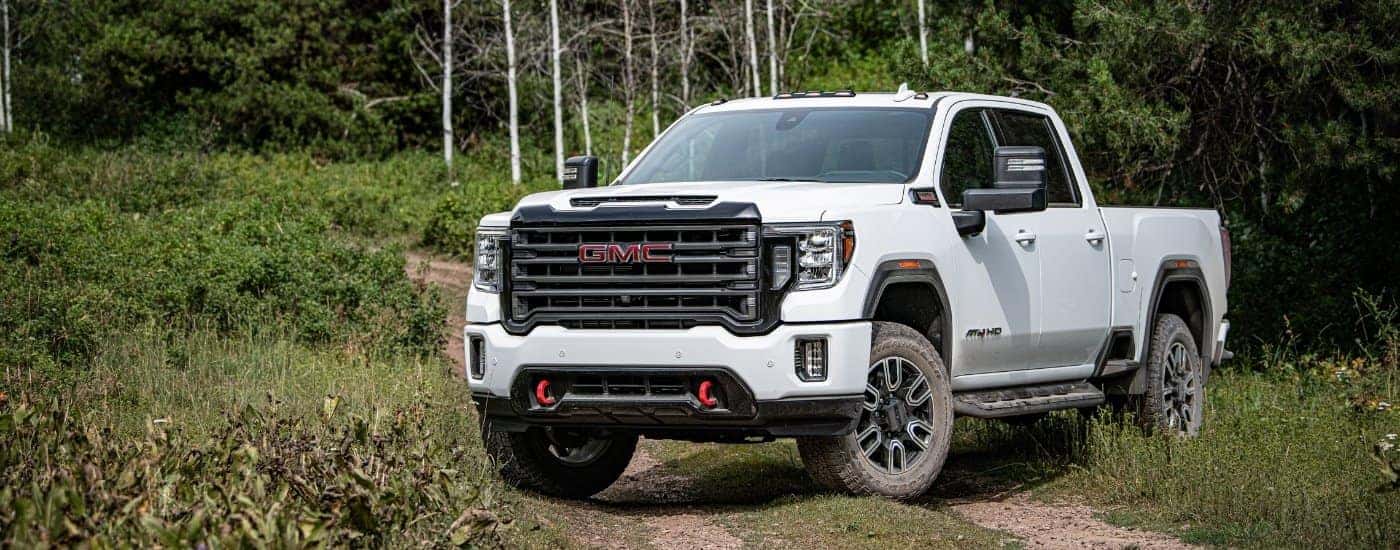 White 2020 GMC Sierra 2500 HD AT4 parked on a trail