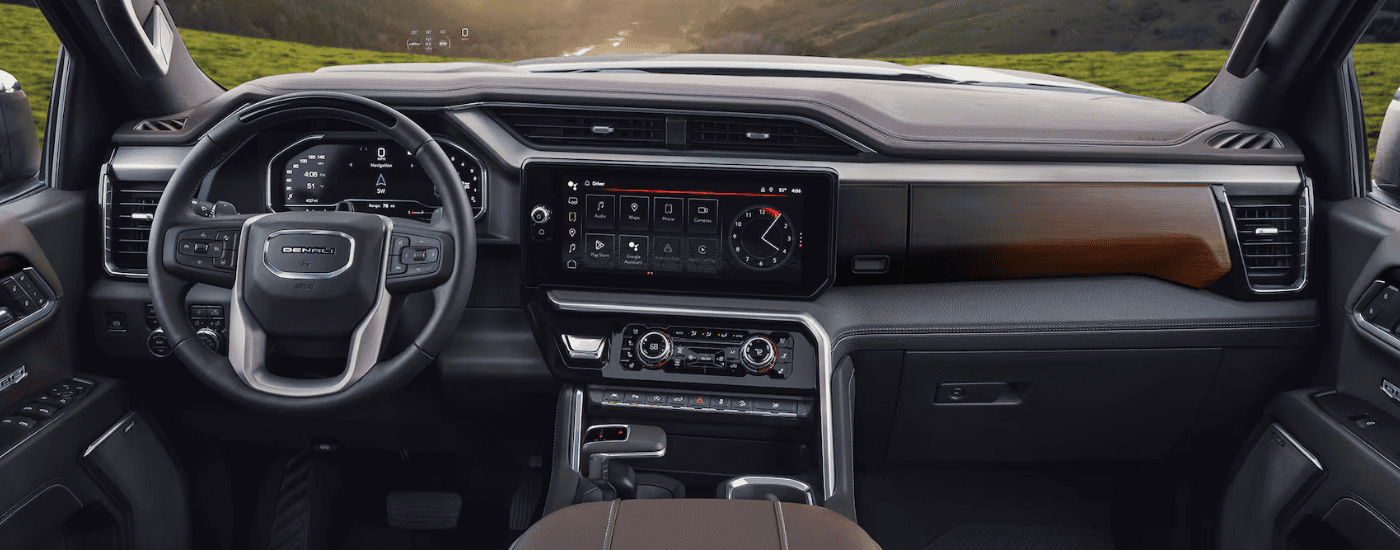 Brown and black leather interior of a 2026 GMC Sierra 1500 Denali