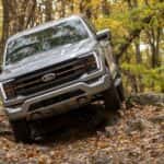 A silver 2021 Ford F-150 Tremor is shown from the front while off-road.