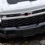 A close up of the front of a white 2023 Chevy Silverado ZR2 Bison is shown.