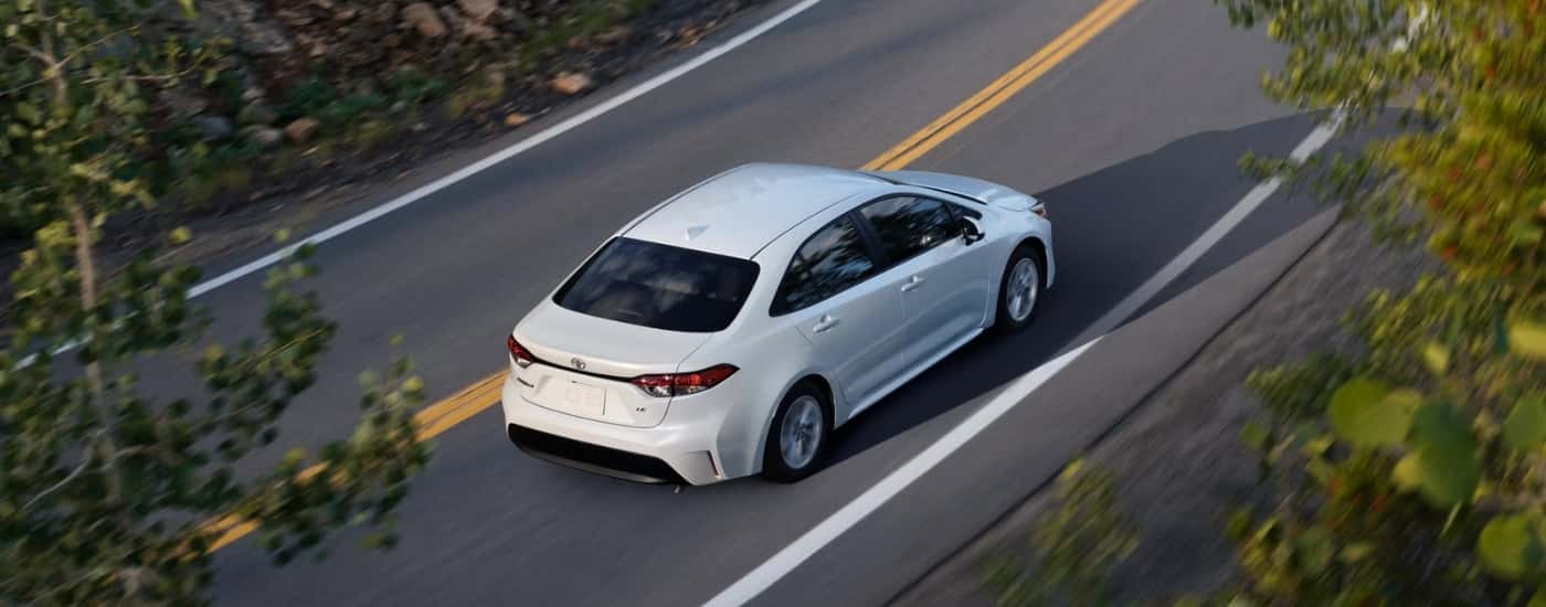 A white 2022 Toyota Corolla from the rear at an angle.