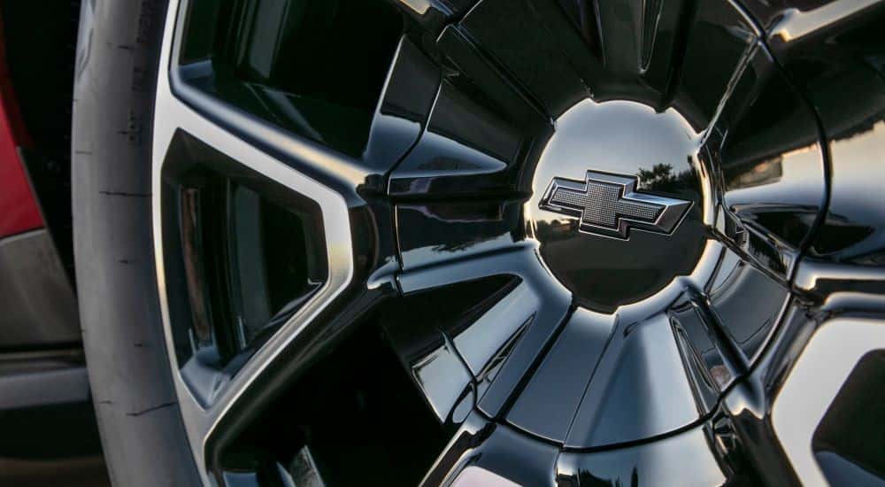 Close-up of the rim on a 2021 Chevy Tahoe.
