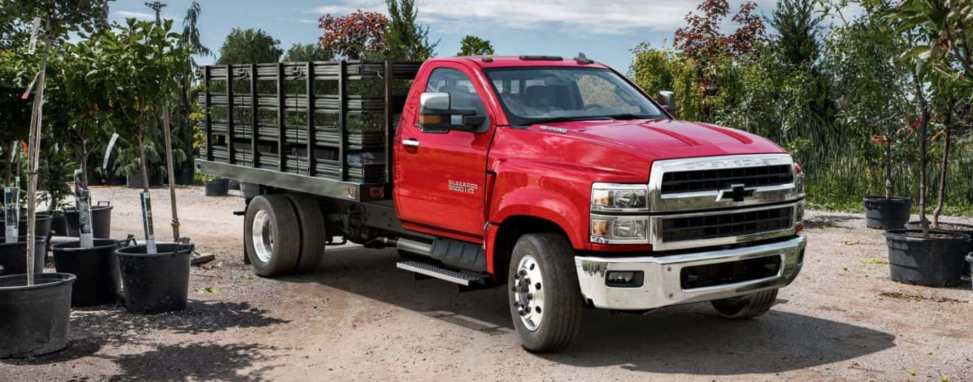 Red 2026 Chevy Silverado 5500 HD at a nursery ready to load trees