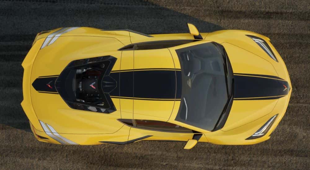 Bird's eye view of a yellow 2027 Chevy Corvette Grand Sport.
