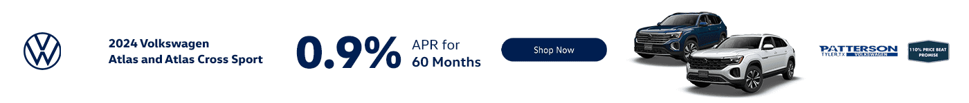 0.9% APR, no down payment required, available on new, unused 2024 Atlas and Atlas Cross Sport models financed by Volkswagen Credit through participating dealers. Example: For 0.9% APR, monthly payment for every $1,000 you finance for 60 months is $17.48. Not all customers will qualify for credit approval or advertised APR. Offer ends April 30, 2025. Offer not valid in Puerto Rico. See your participating Volkswagen dealer for details or, for general product information, call 1-800-Drive-VW. ©2025 Volkswagen of America, Inc.