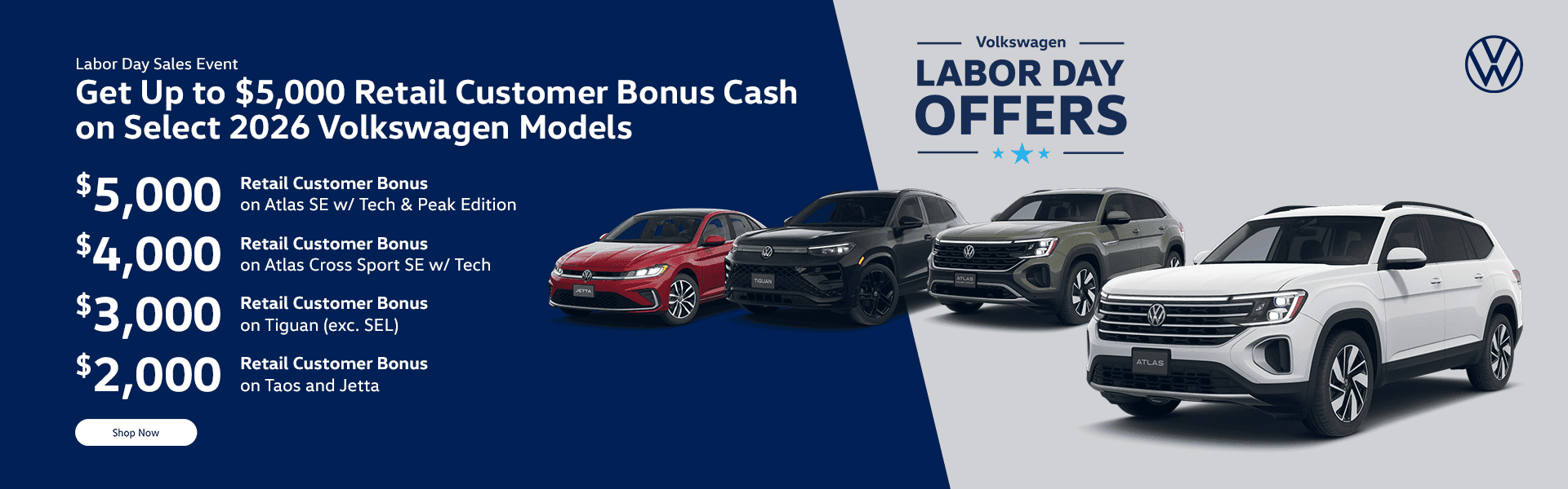 Get Up to $5,000 Retail Customer Bonus Cash on Select 2026 Volkswagen Models