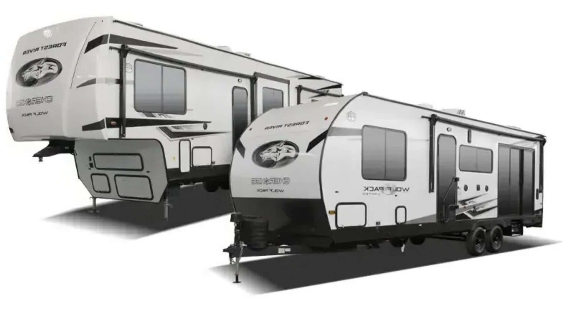 2023 Forest River RV Cherokee Wolf Pack Gold 23GOLD15 toy hauler RV models displayed on white background.