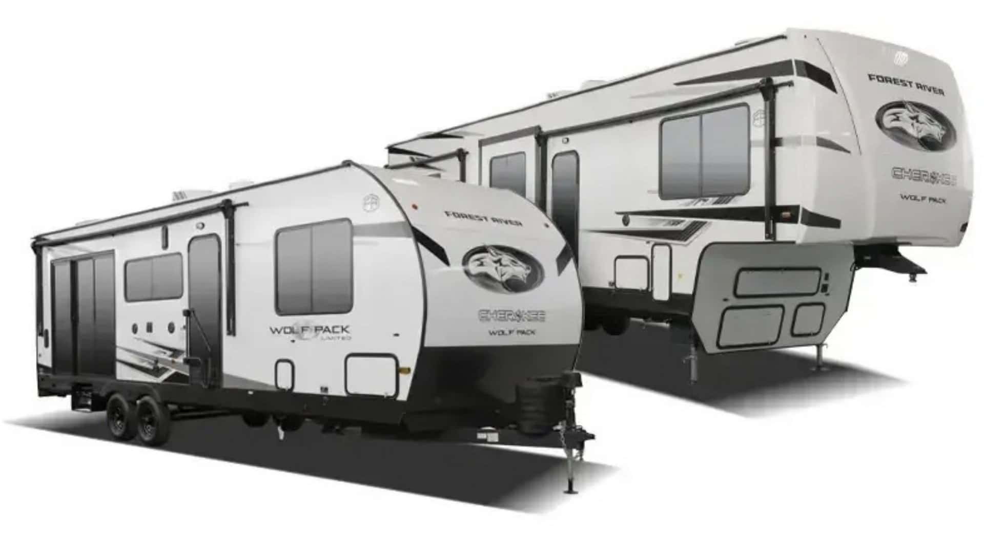 2023 Forest River Cherokee Wolf Pack Gold 23GOLD15 travel trailer and fifth wheel RVs shown in white