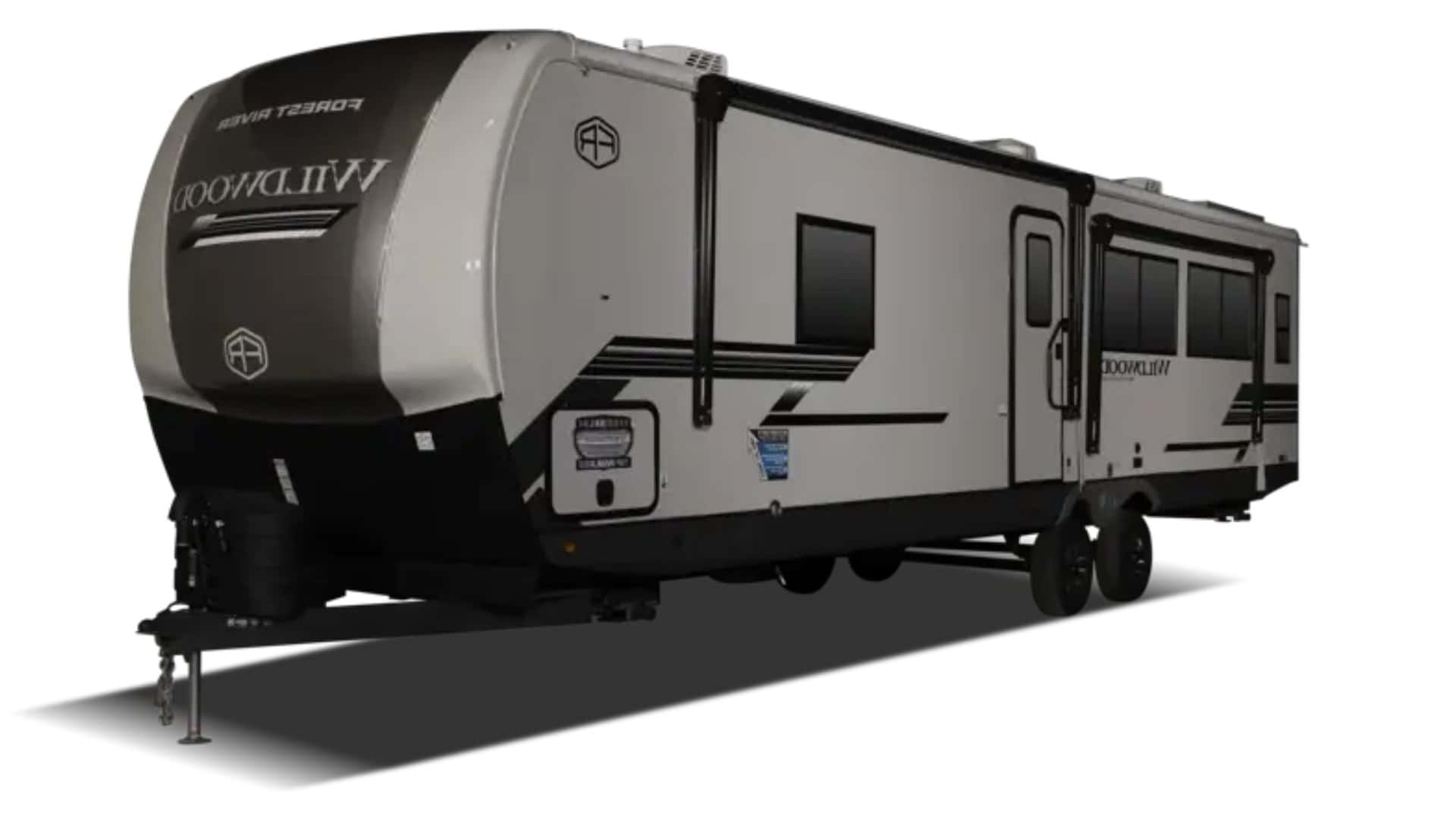 2024 Forest River RV Wildwood Heritage Glen 320VIEW travel trailer side view on white studio background.