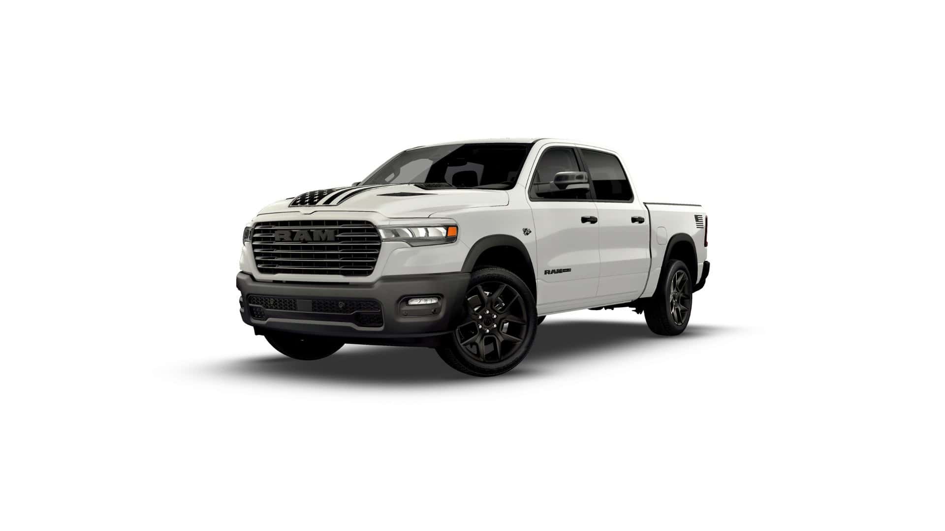 2026 Ram 1500 Laramie® white crew cab pickup shown from front three-quarter angle on white backdrop.