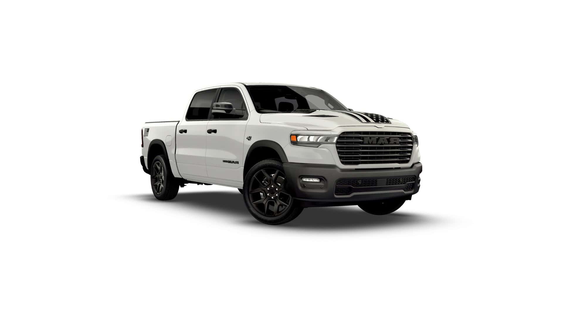 2026 Ram 1500 Laramie® white pickup shown in front three-quarter studio view with black wheels and trim.