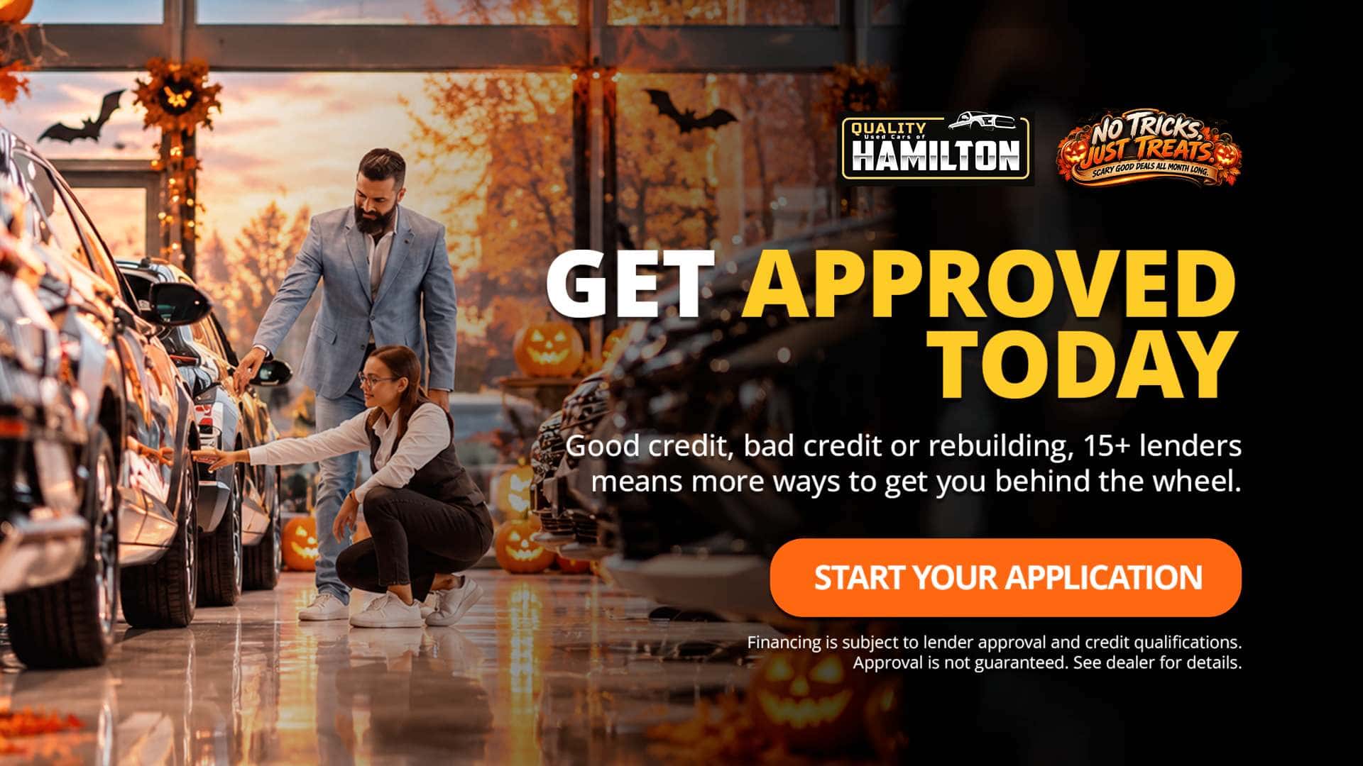 Quality Used Cars of Hamilton financing banner promoting vehicle financing options through more than 15 lenders.
