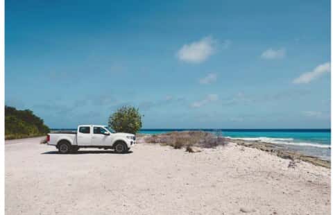 Pickup truck parked on a sunny coastal beach