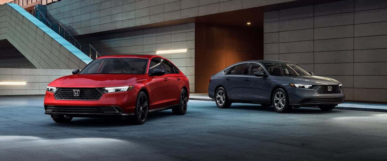 Two red and gray 2025 Honda Accord parked outside