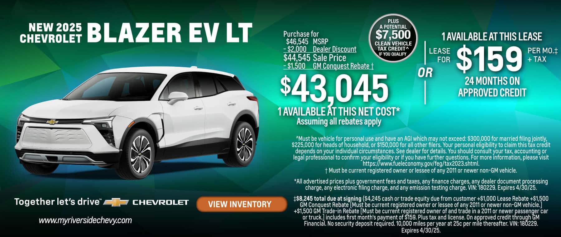 NEW 2025 CHEVROLET Blazer EV LT Purchase for $43,045 OR LEASE FOR $159 per mo.‡ +TAX 24 MONTHS ON APPROVED CREDIT.