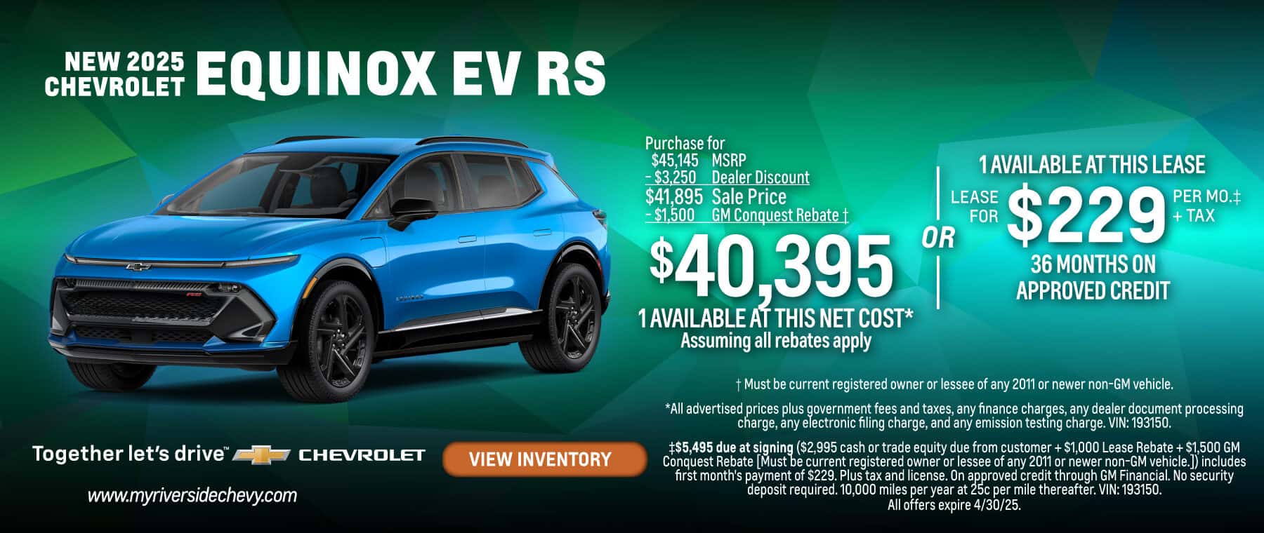 NEW 2025 CHEVROLET Equinox EV RS Purchase for $40,395 OR LEASE $229 per mo. +TAX 36 MONTHS ON APPROVED CREDIT.
