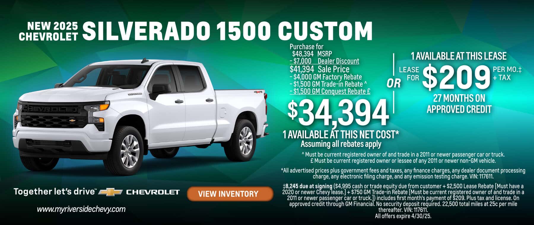 NEW 2025 CHEVROLET Silverado 1500 Custom Purchase for $34,394 OR LEASE FOR $209 per mo.‡ +TAX 27 MONTHS ON APPROVED CREDIT.