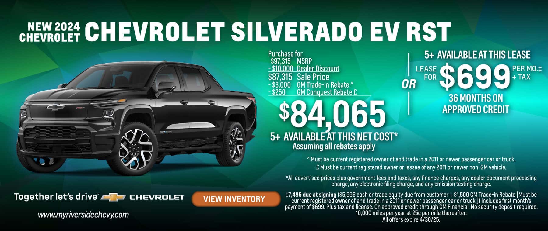 NEW 2024 CHEVROLET Chevrolet Silverado EV RST Purchase for $84,065 OR LEASE FOR $699 per mo.‡ +TAX 36 MONTHS ON APPROVED CREDIT.