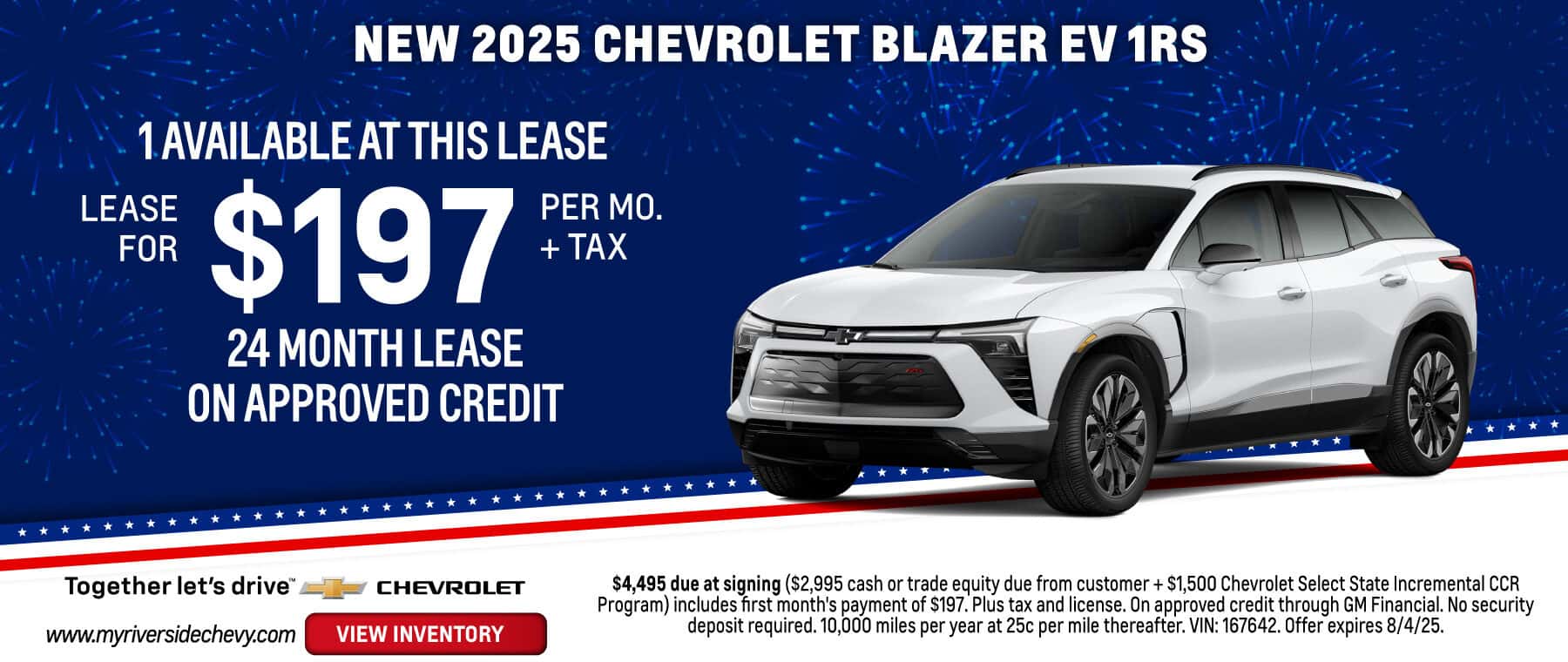 Lease a New 2025 Chevrolet Blazer EV RS for $197 per month + tax. Expires 8/4/25.