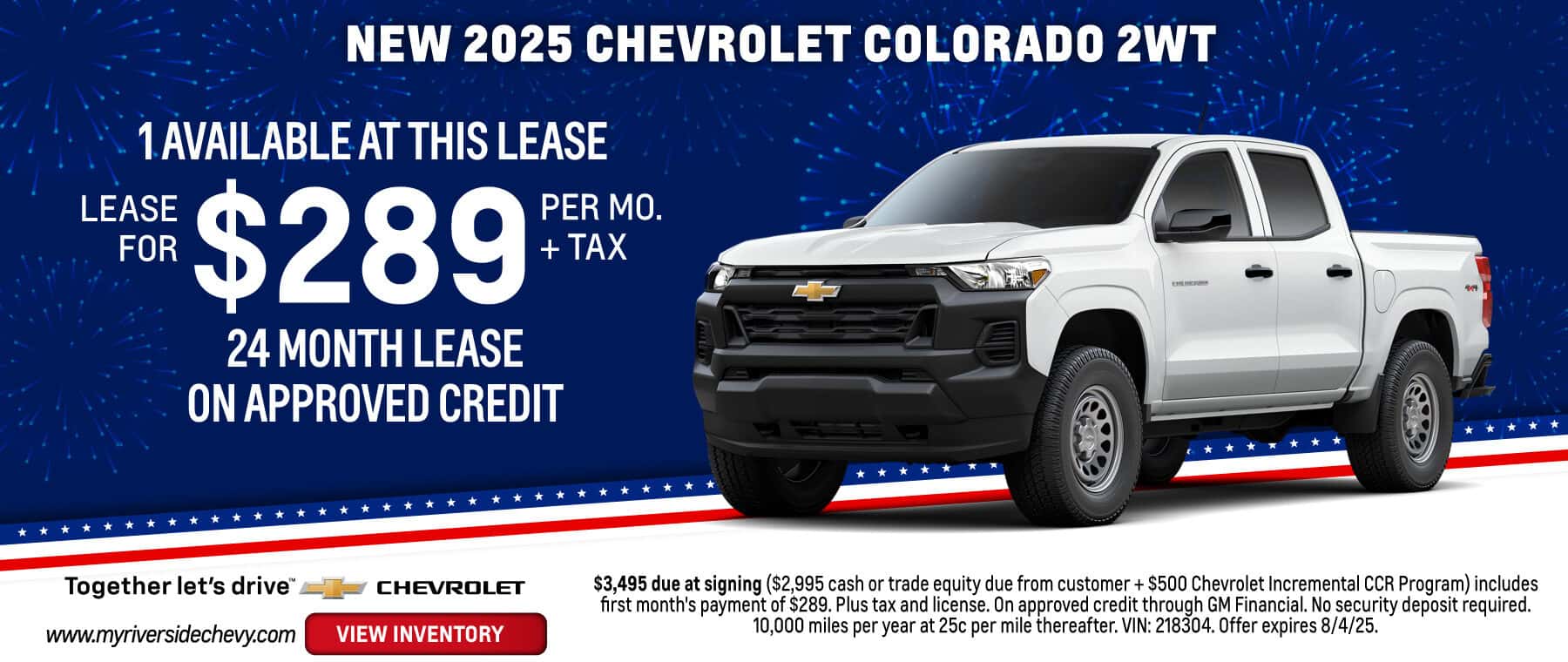 Lease a New 2025 Chevrolet Colorado 2WT for $289 per month + tax. Expires 8/4/25.