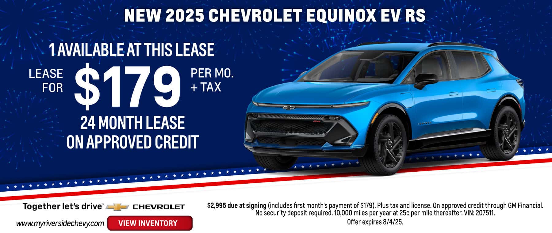 Lease a New 2025 Chevrolet Equinox EV RS for $179 per month + tax. Expires 8/4/25.