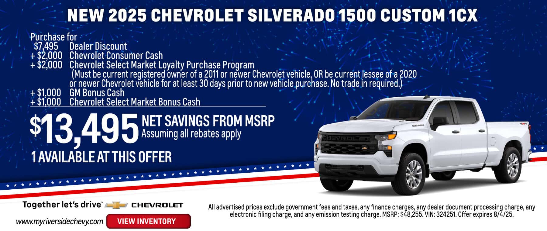 Purchase a New 2025 Chevrolet Silverado 1500 Custom 1CX with $13,495 Net Savings from MSRP! Expires 8/4/25.