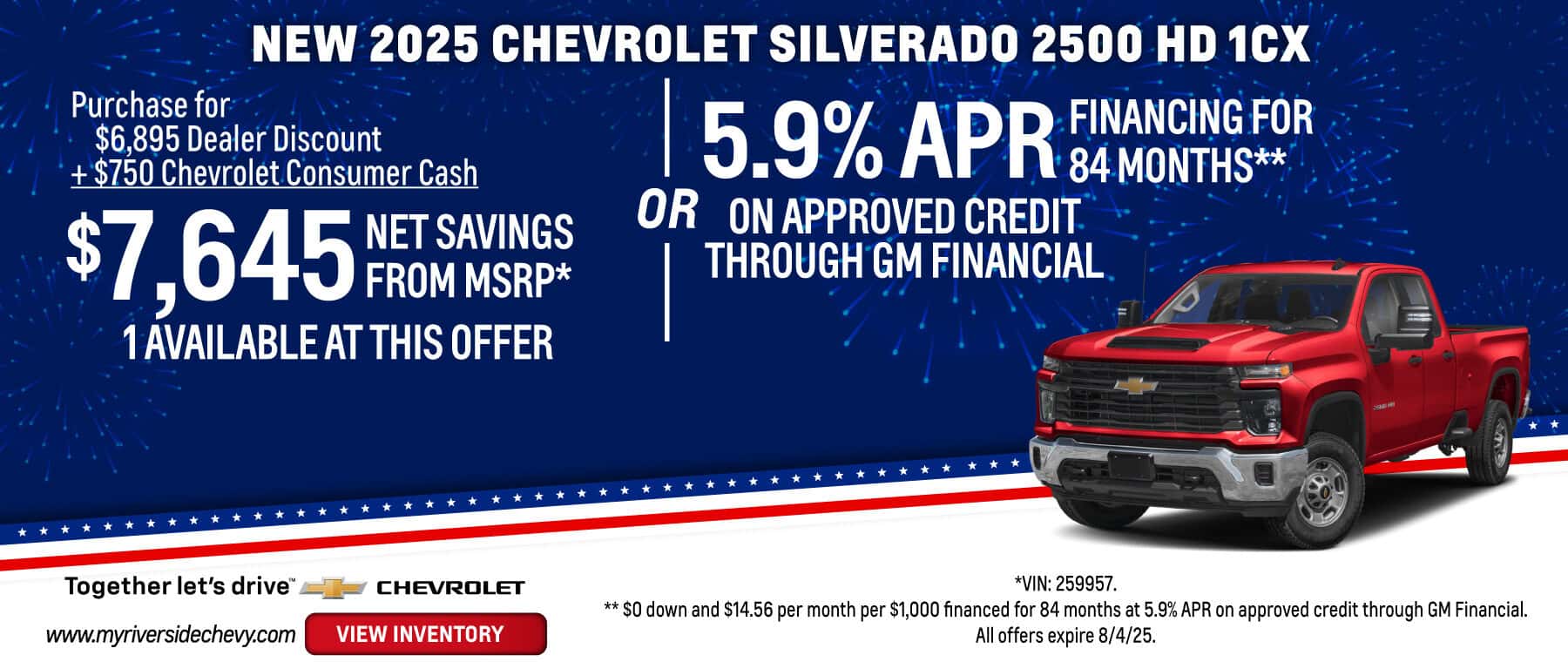 Purchase a New 2025 Chevrolet Silverado 2500 HD 1CX with $7,645 Net Savings from MSRP or 5.9% APR Financing for 84 months on approved credit through GM Financial. All offers expire 8/4/25.