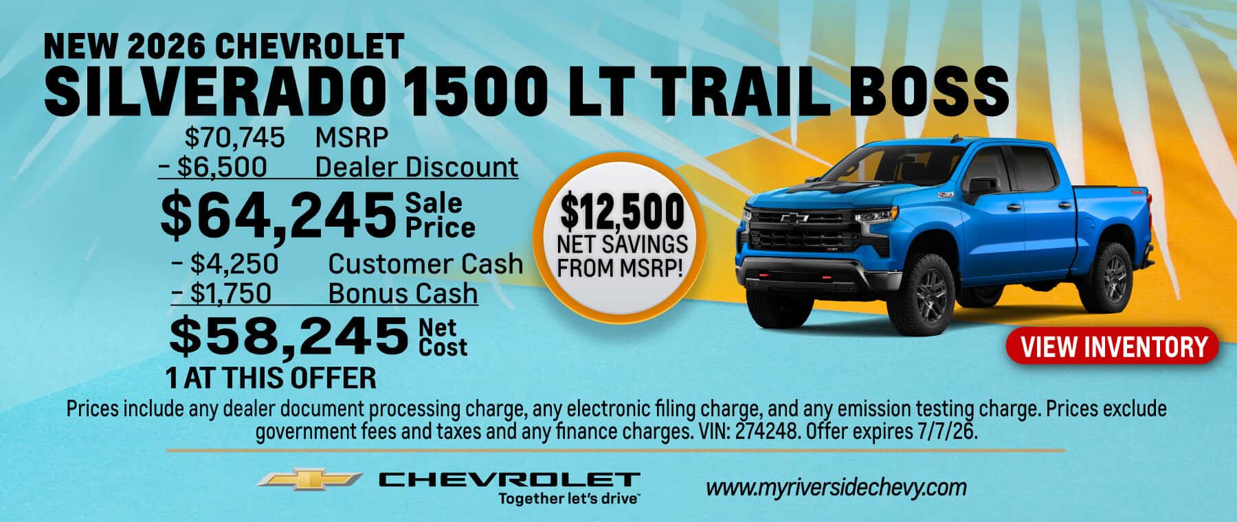 Get $12,500 Net Savings from MSRP on a New 2026 Chevrolet Silverado 1500 LT Trail Boss. Expires 6/30/26.