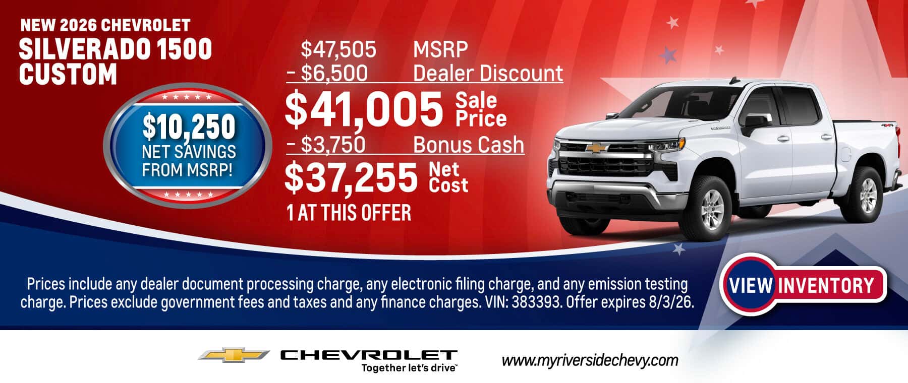 Purchase a New 2026 Chevrolet Silverado 1500 Custom with $10,250 Net Savings from MSRP! Expires 8/3/26.