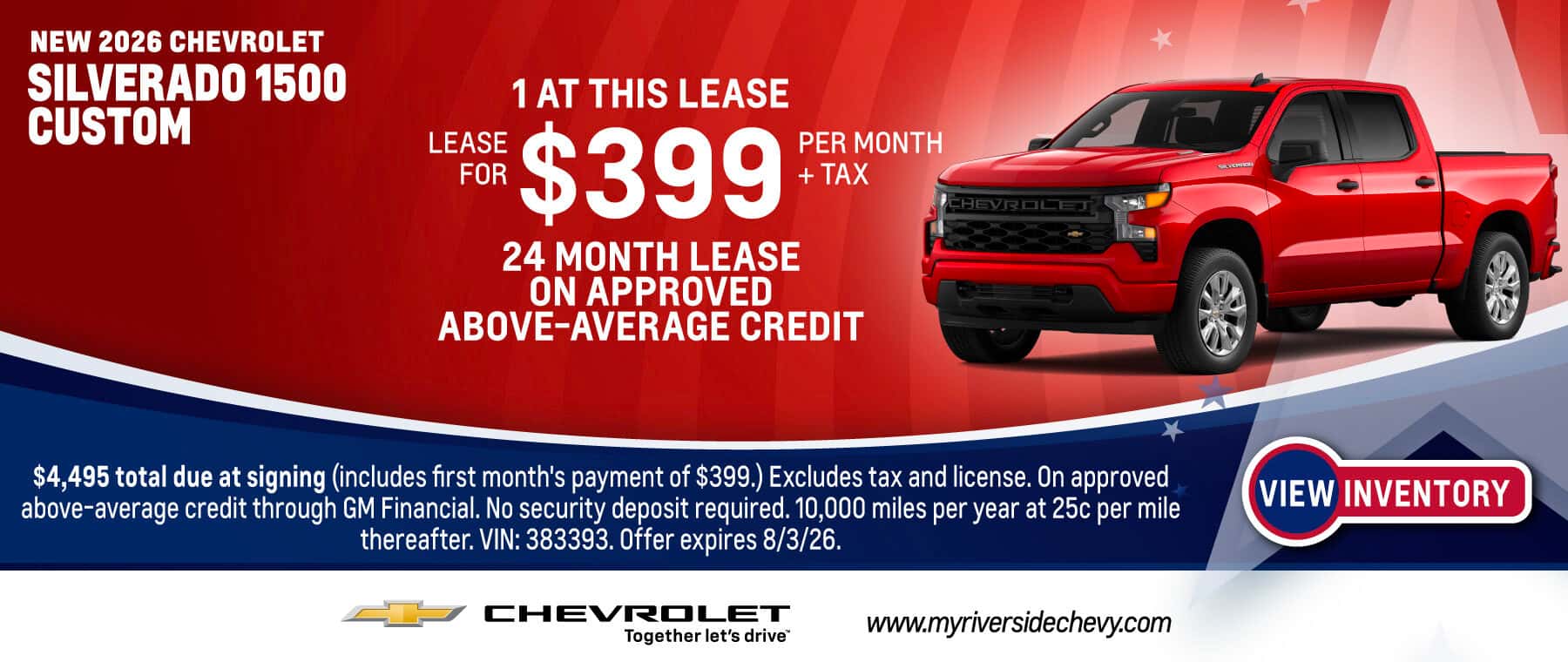 Lease a New 2026 Chevrolet Silverado 1500 Custom for $399 per month + tax for 24 month lease on approved above-average credit. Expires 8/3/26.
