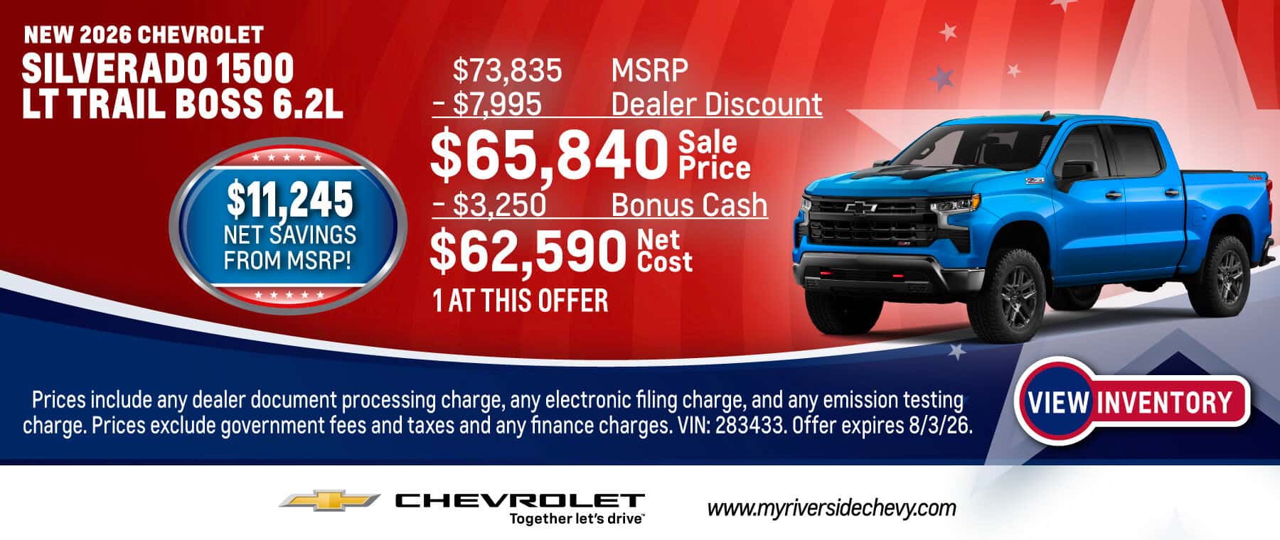 Purchase a New 2026 Chevrolet Silverado 1500 LT Trail Boss 6.2L with $11,245 Net Savings from MSRP! Expires 8/3/26.