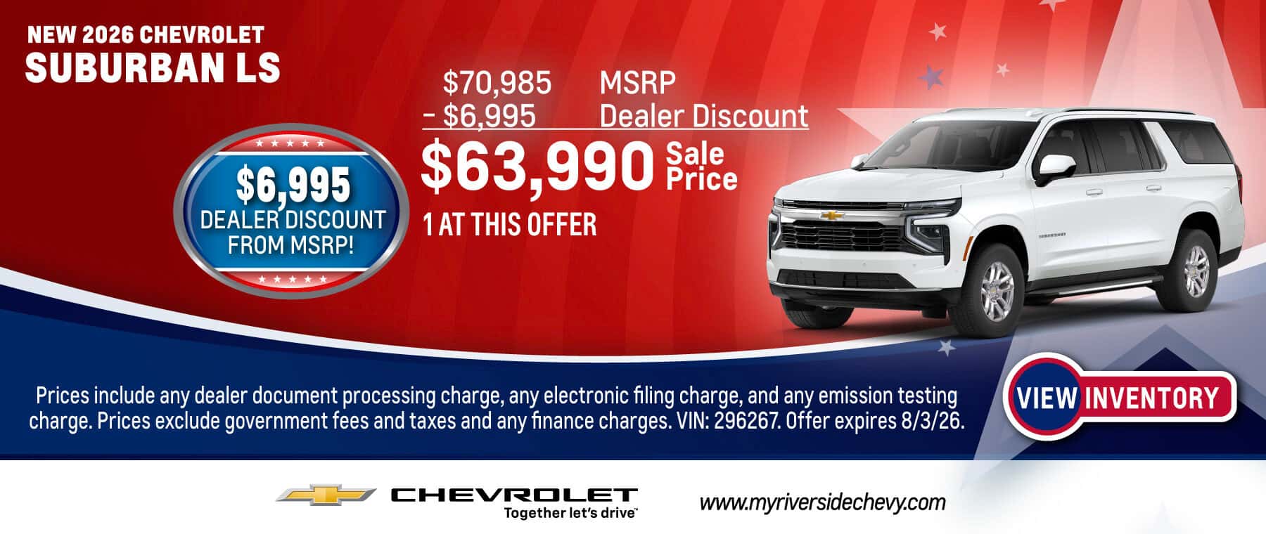Purchase a New 2026 Chevrolet Suburban LS with $6,995 Dealer Discount from MSRP! Expires 8/3/26.