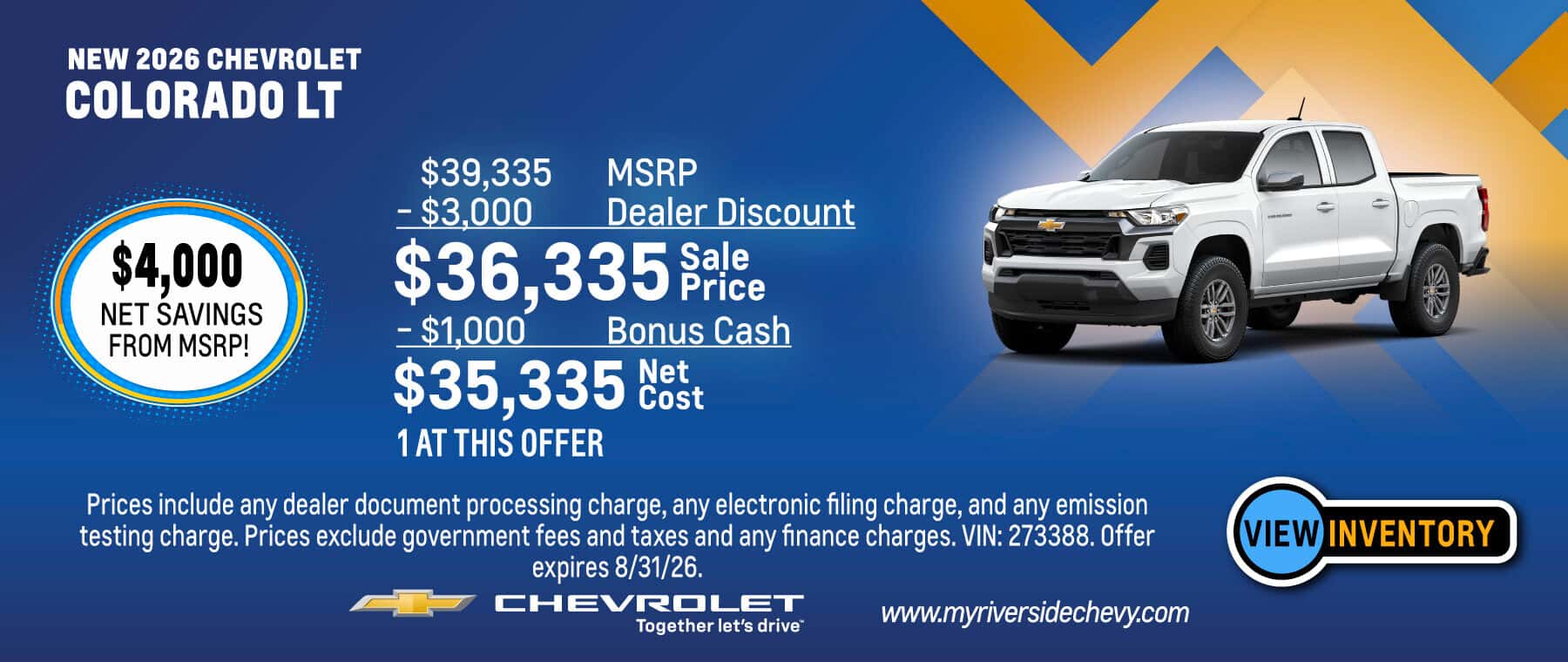Purchase a New 2026 Chevrolet Colorado LT with $4,000 Net Savings from MSRP! Offer expires 8/31/26.