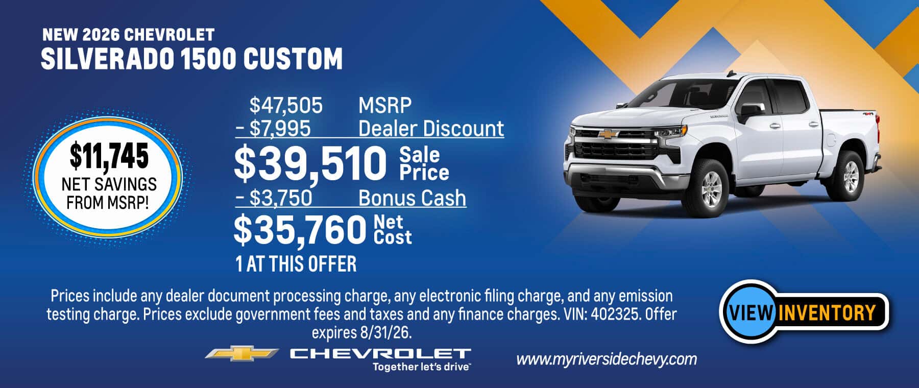 Purchase a New 2026 Chevrolet Silverado 1500 Custom with $11,745 Net Savings from MSRP! Offer expires 8/31/26.